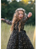 Long Sleeves Black And Gold Stars Tulle Flower Girl Dress